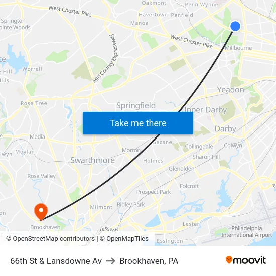 66th St & Lansdowne Av to Brookhaven, PA map