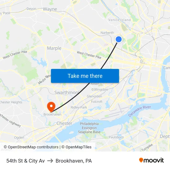 54th St & City Av to Brookhaven, PA map