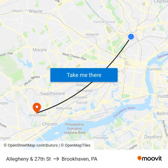 Allegheny & 27th St to Brookhaven, PA map