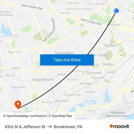 63rd St & Jefferson St to Brookhaven, PA map