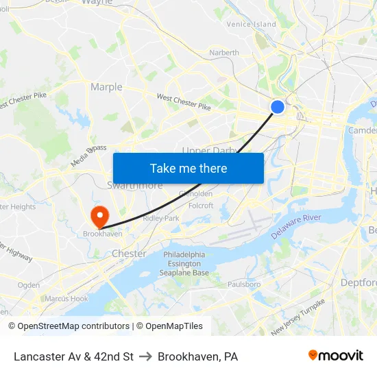 Lancaster Av & 42nd St to Brookhaven, PA map