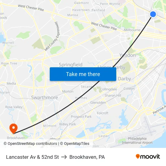 Lancaster Av & 52nd St to Brookhaven, PA map