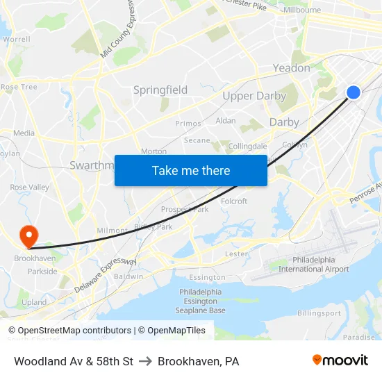 Woodland Av & 58th St to Brookhaven, PA map