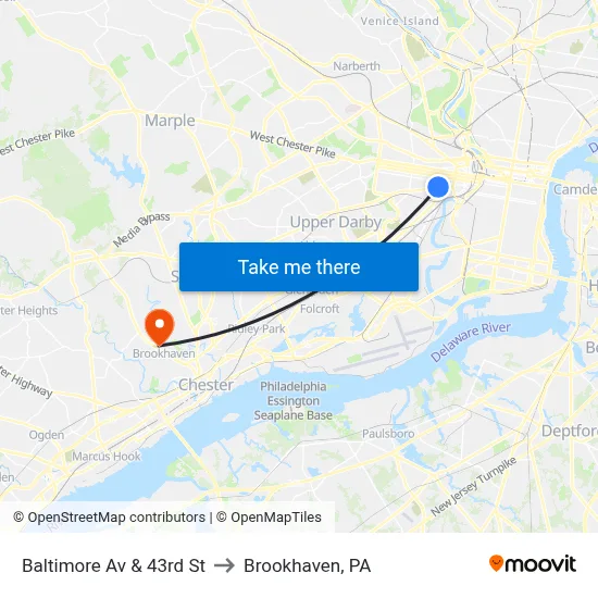 Baltimore Av & 43rd St to Brookhaven, PA map