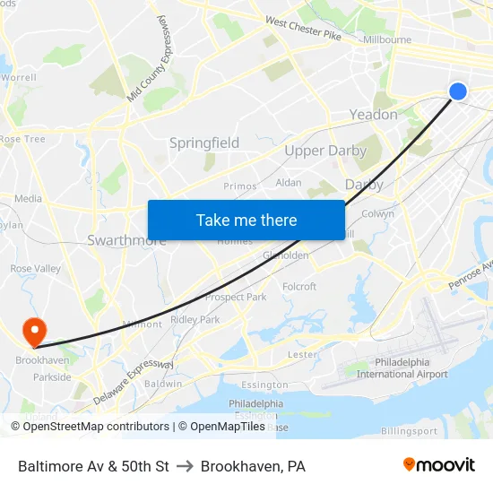 Baltimore Av & 50th St to Brookhaven, PA map