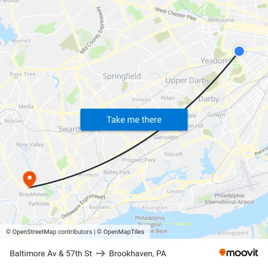 Baltimore Av & 57th St to Brookhaven, PA map