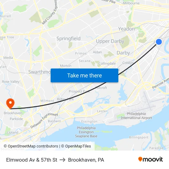 Elmwood Av & 57th St to Brookhaven, PA map