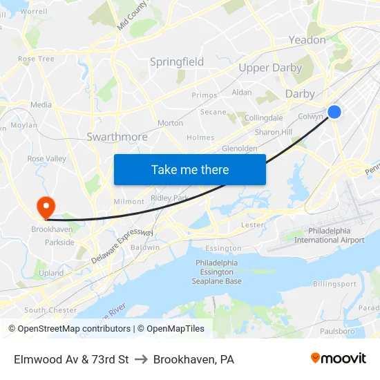 Elmwood Av & 73rd St to Brookhaven, PA map
