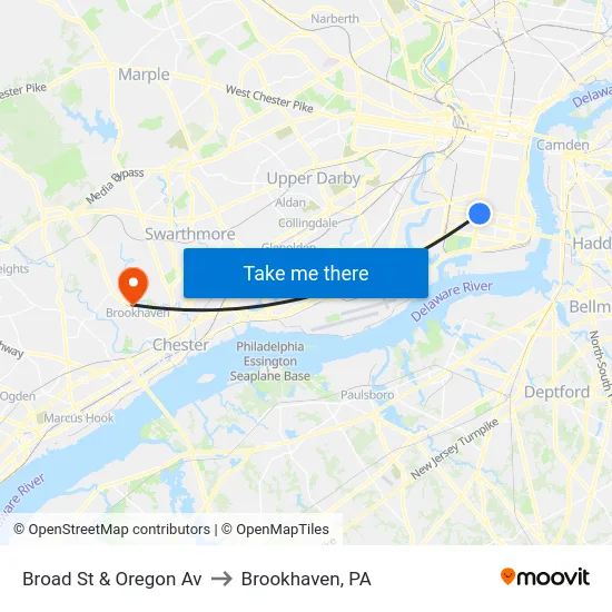 Broad St & Oregon Av to Brookhaven, PA map