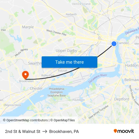 2nd St & Walnut St to Brookhaven, PA map