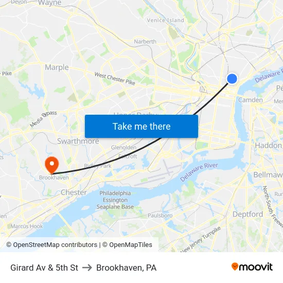 Girard Av & 5th St to Brookhaven, PA map