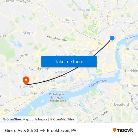 Girard Av & 8th St to Brookhaven, PA map