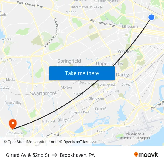 Girard Av & 52nd St to Brookhaven, PA map