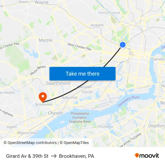 Girard Av & 39th St to Brookhaven, PA map