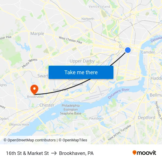 16th St & Market St to Brookhaven, PA map