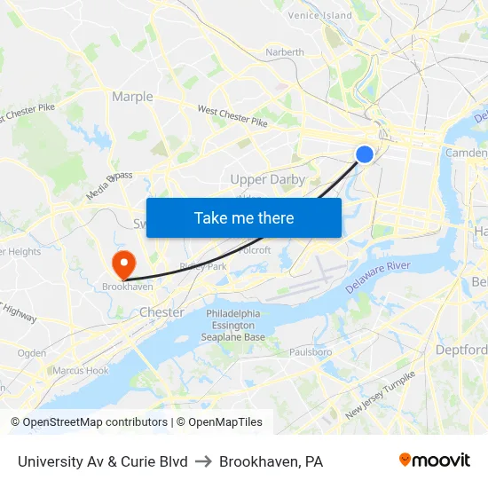 University Av & Curie Blvd to Brookhaven, PA map