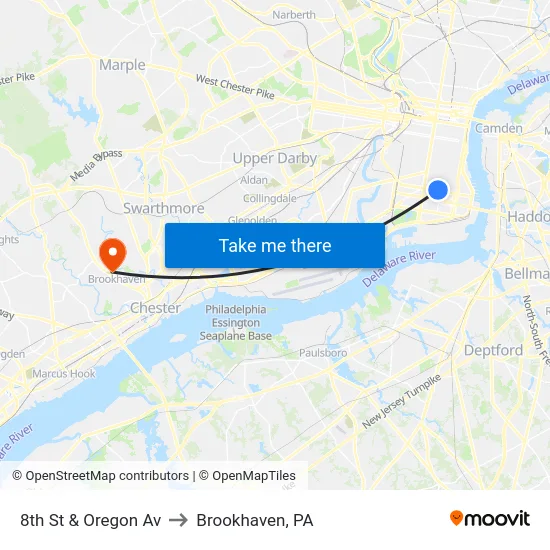 8th St & Oregon Av to Brookhaven, PA map