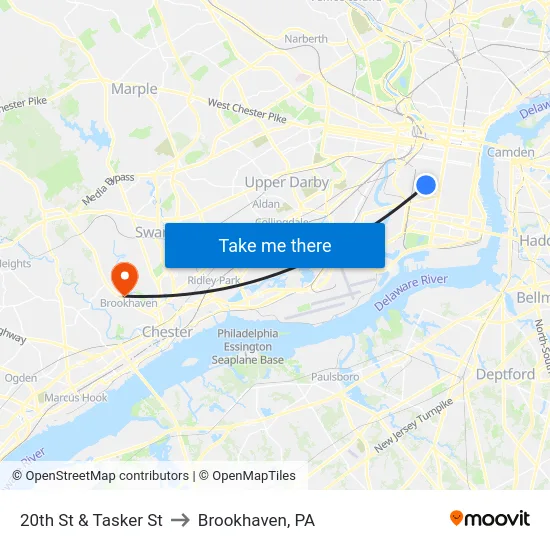 20th St & Tasker St to Brookhaven, PA map