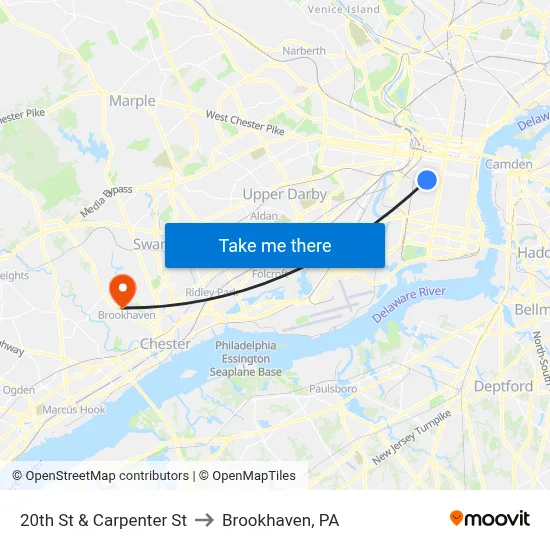 20th St & Carpenter St to Brookhaven, PA map