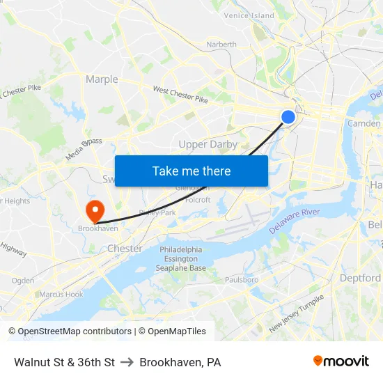 Walnut St & 36th St to Brookhaven, PA map