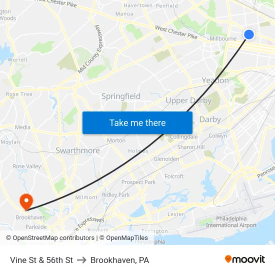 Vine St & 56th St to Brookhaven, PA map