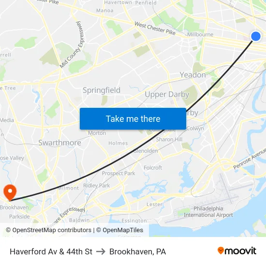 Haverford Av & 44th St to Brookhaven, PA map