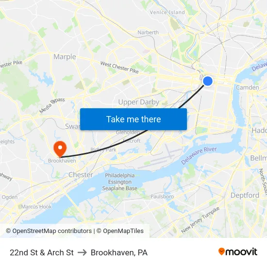 22nd St & Arch St to Brookhaven, PA map