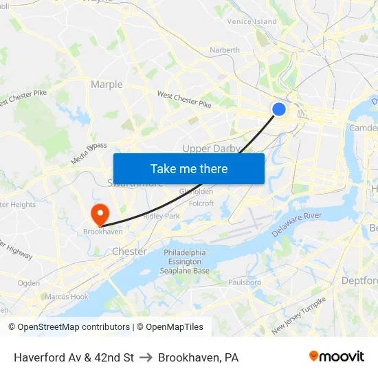 Haverford Av & 42nd St to Brookhaven, PA map