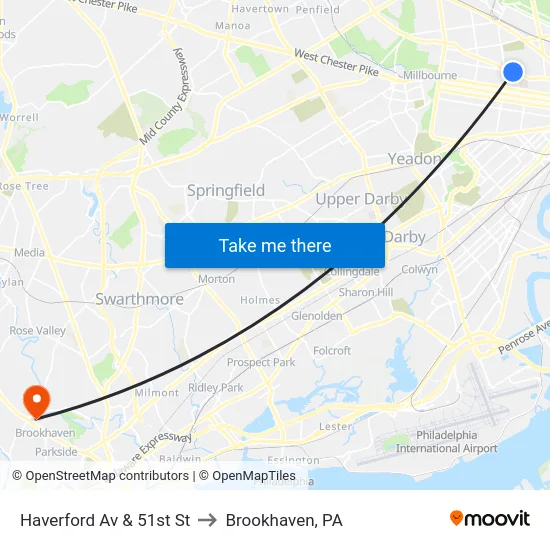 Haverford Av & 51st St to Brookhaven, PA map