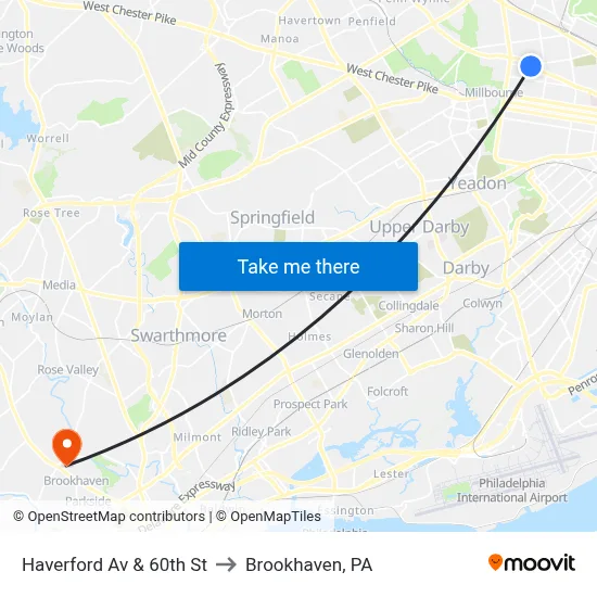 Haverford Av & 60th St to Brookhaven, PA map