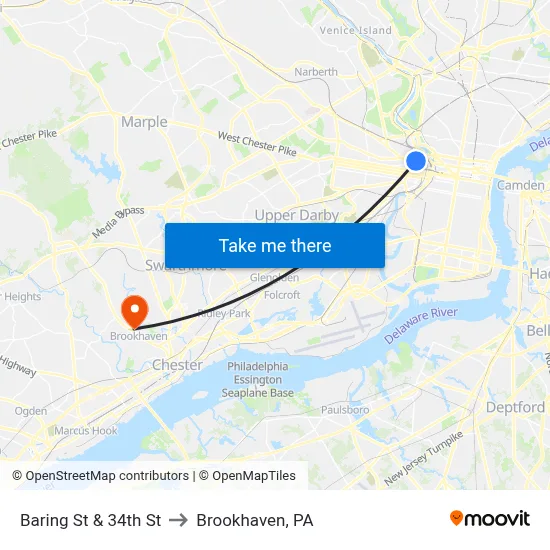 Baring St & 34th St to Brookhaven, PA map
