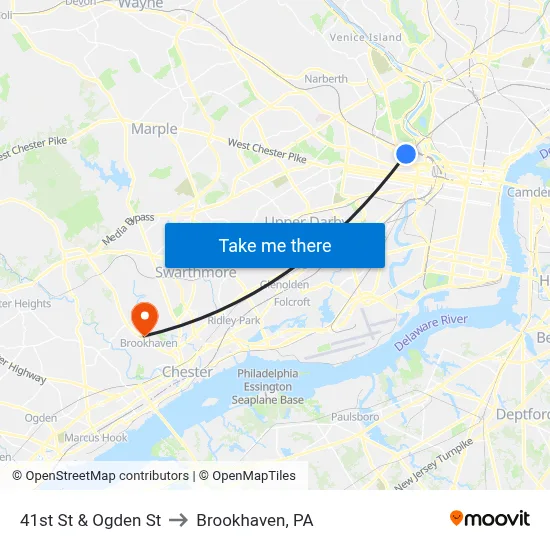 41st St & Ogden St to Brookhaven, PA map