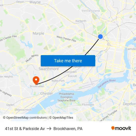 41st St & Parkside Av to Brookhaven, PA map