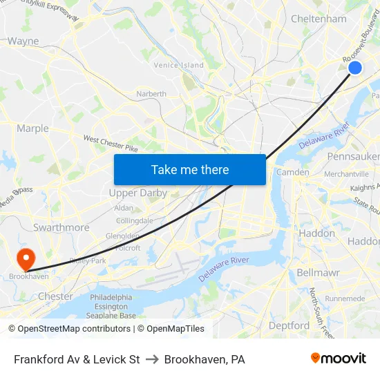 Frankford Av & Levick St to Brookhaven, PA map