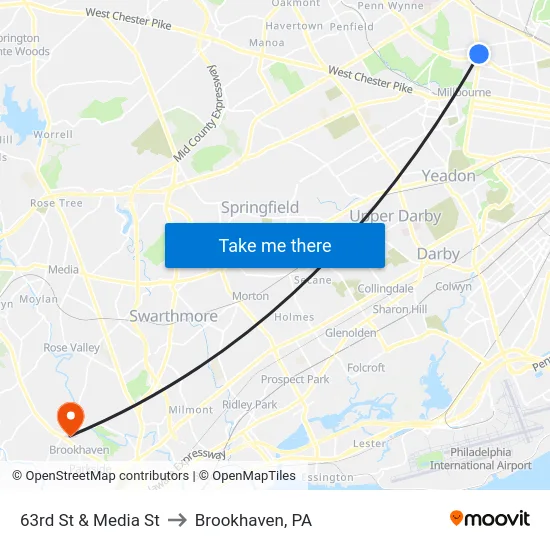 63rd St & Media St to Brookhaven, PA map