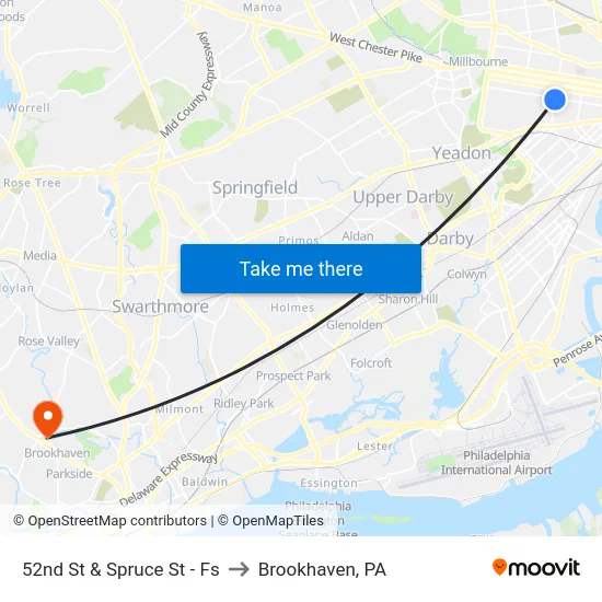 52nd St & Spruce St - Fs to Brookhaven, PA map