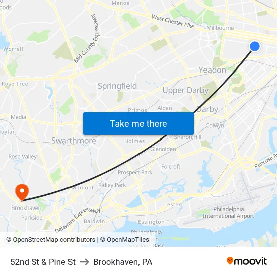 52nd St & Pine St to Brookhaven, PA map