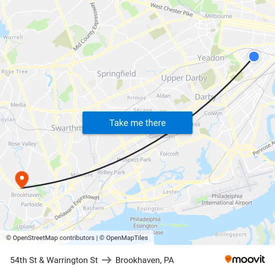 54th St & Warrington St to Brookhaven, PA map