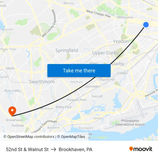 52nd St & Walnut St to Brookhaven, PA map