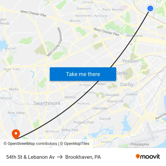 54th St & Lebanon Av to Brookhaven, PA map