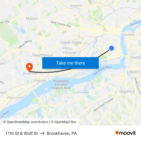 11th St & Wolf St to Brookhaven, PA map