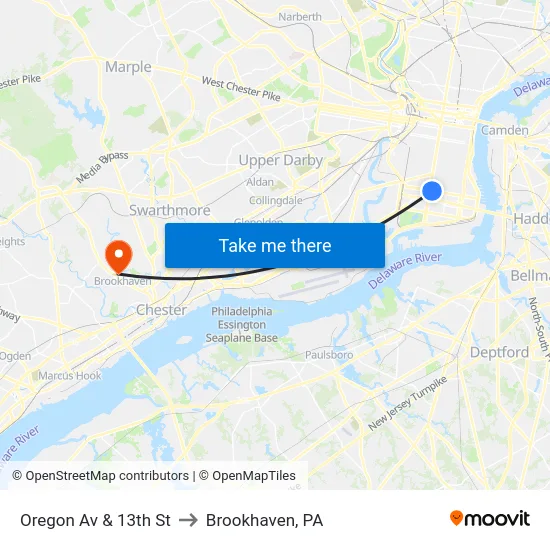 Oregon Av & 13th St to Brookhaven, PA map