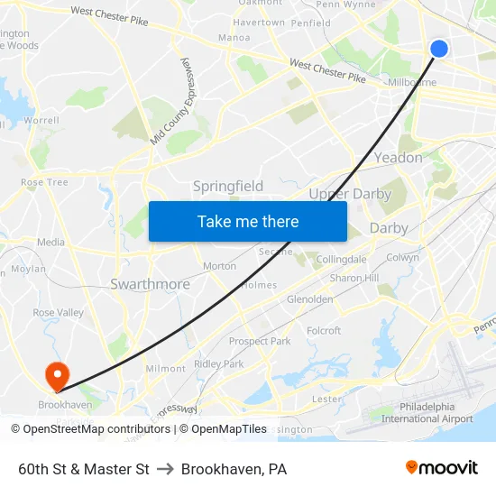 60th St & Master St to Brookhaven, PA map