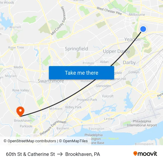 60th St & Catherine St to Brookhaven, PA map