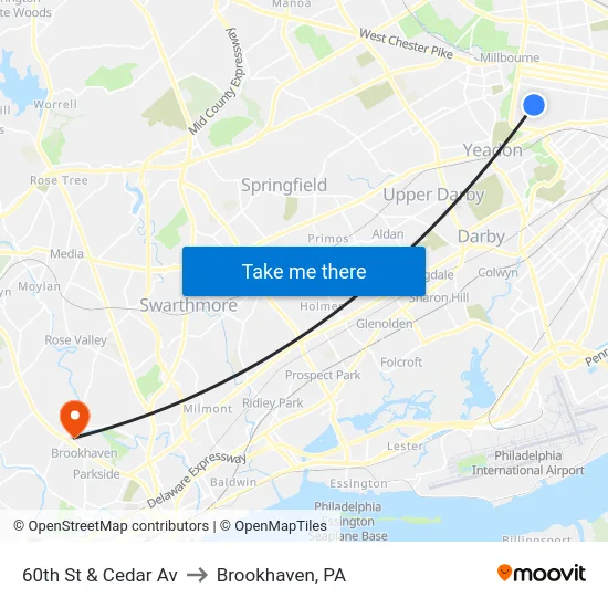 60th St & Cedar Av to Brookhaven, PA map