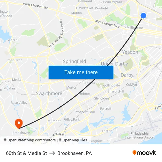 60th St & Media St to Brookhaven, PA map
