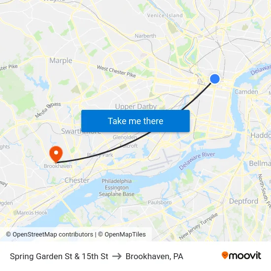Spring Garden St & 15th St to Brookhaven, PA map
