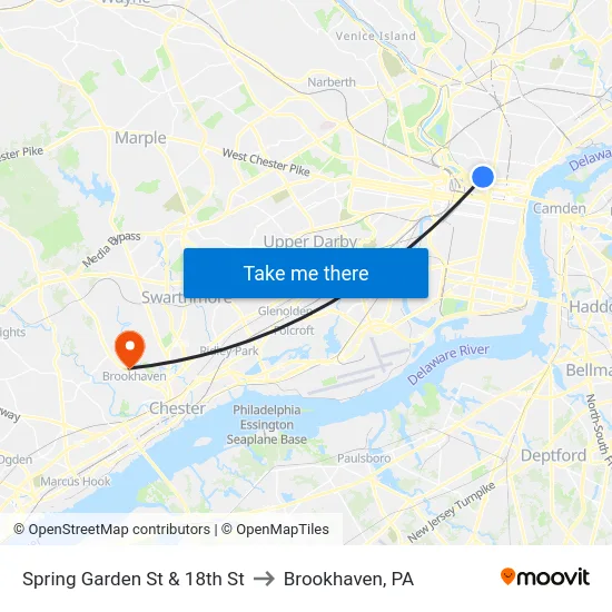 Spring Garden St & 18th St to Brookhaven, PA map
