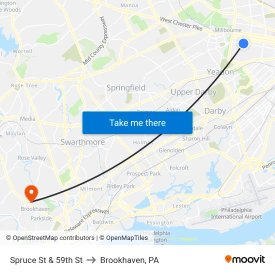 Spruce St & 59th St to Brookhaven, PA map