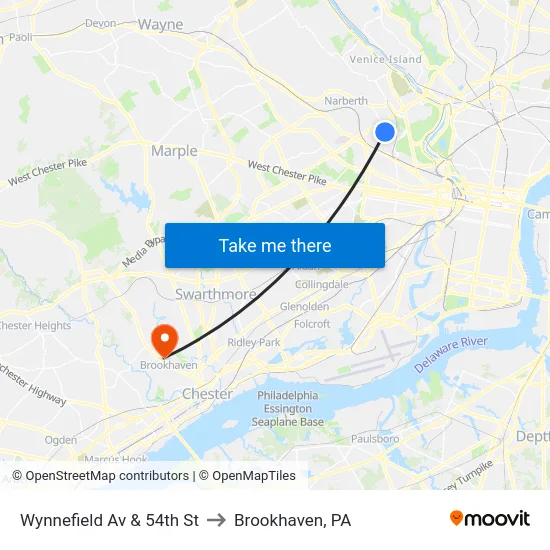 Wynnefield Av & 54th St to Brookhaven, PA map